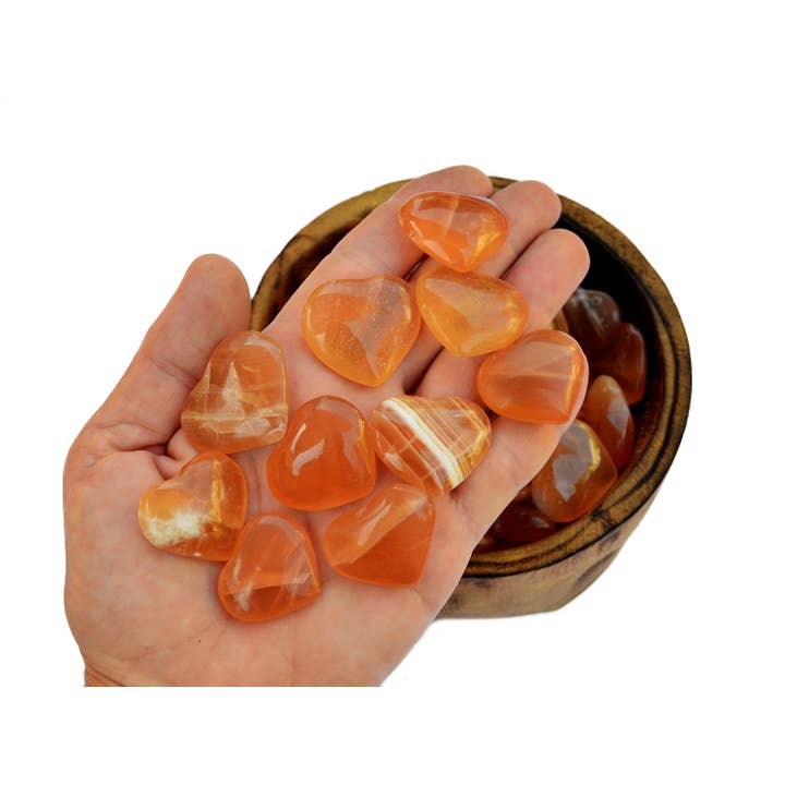 10 Pcs Lot Honey Calcite Carved Heart Crystal (25mm - 30mm) for wholesale by Kaia & Crystals