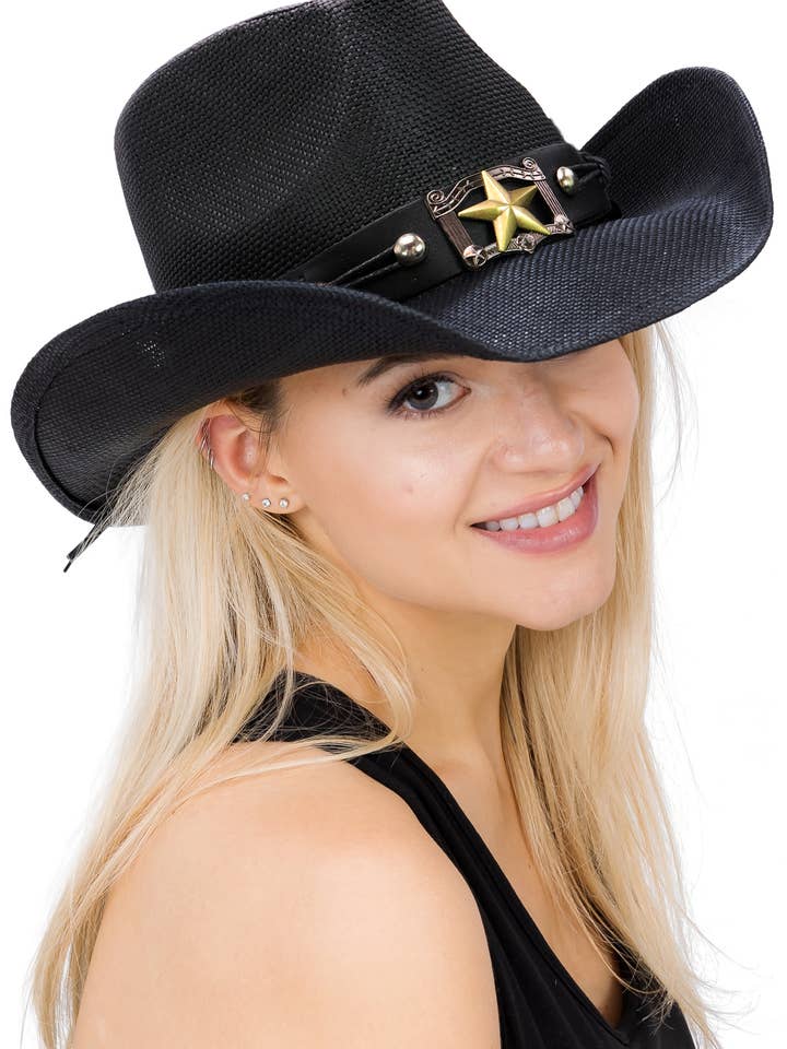 Bronzed Rodeo Star Emblem Belt Straw Cowboy Hat for wholesale by Cap Zone