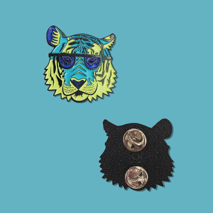 Brianna Gardocki Art - Wholesale Lapel Pin/Button - Pink and Blue Tiger Enamel Pin, Cool, Cat1