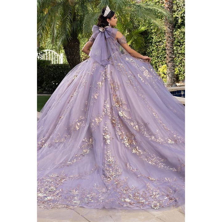 Victorian Lilac Off Shoulder Bow Neckband Quince Ball Gown for wholesale on Faire1