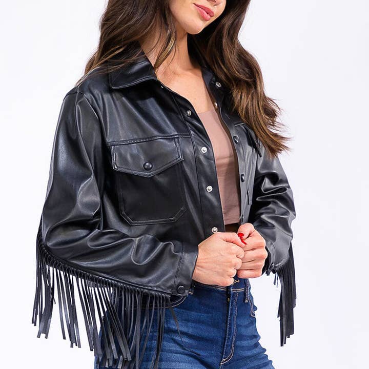 9163- Vegan leather fringed button-down cropped jacket for wholesale by IWT Brands