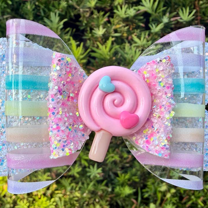 Horquilla de cuero vegano con lazo de piruleta de purpurina en arcoíris pastel para venta al por mayor de little lemons