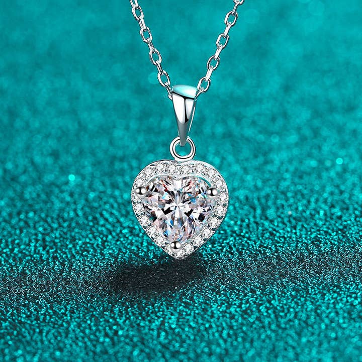 Heart Moissanite Halo Charm Necklace in 925 Sterling Silver for wholesale by Perimade & Co. LLC