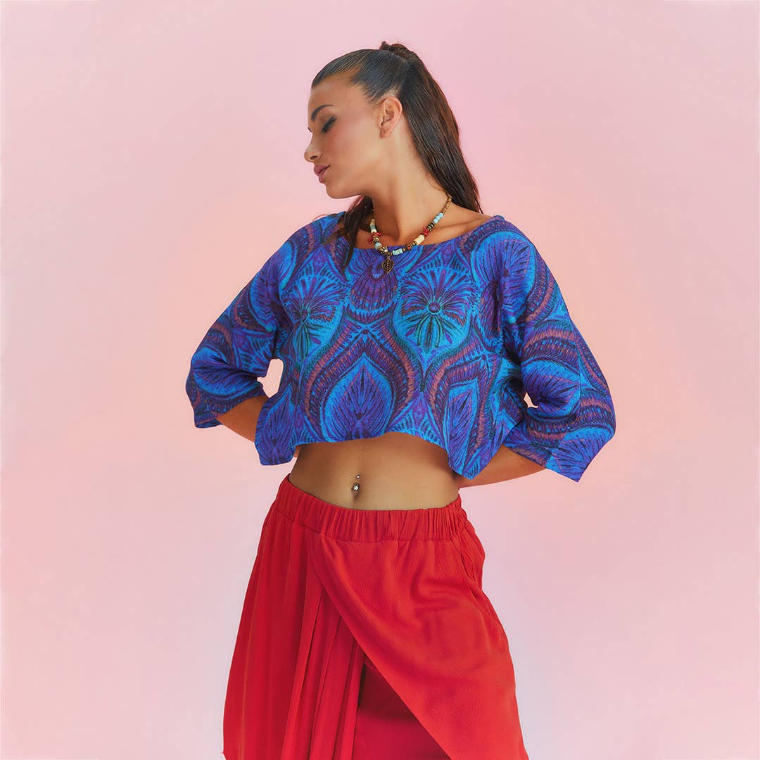 Los Banditos – Engroshandel Bluse - Dame – Løs crop-top i boho-stil med bådhals med print3