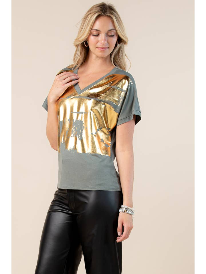 Nylon Apparel - Wholesale Blouse - Women's - T1639-Carmella-Solid Foil V Neck Short Sleeves Top7