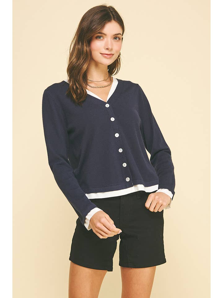 PINCH - Wholesale Knit Top - Women's - V-NECK WOVEN COMBO CARDIGAN TOP - 5831W23