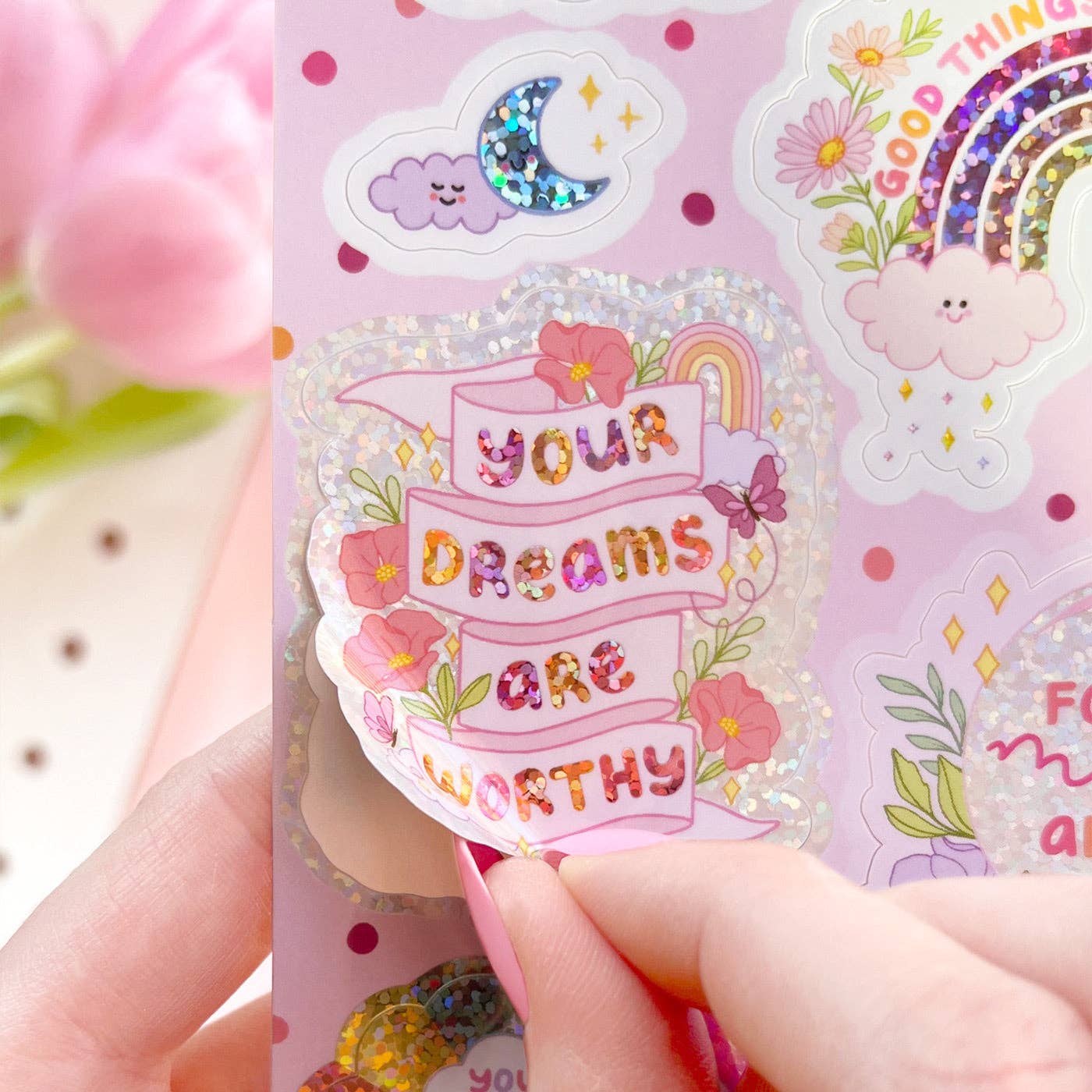 The Rosy Redhead - Wholesale Sticker - Daydream Cute Glittery Positivity Waterproof Sticker Sheet4