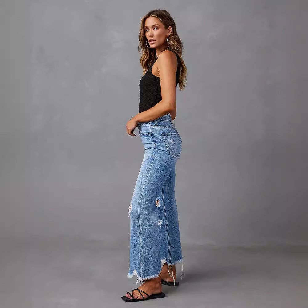 Blue High Waist Distressed Wide Leg Denim Pants with Tie-Dye Wash for wholesale on Faire5