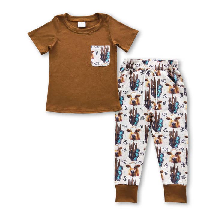 Vêtements de poche marron pour garçon en forme de cactus et de couleur turquoise pour la vente par Yawoo Garments