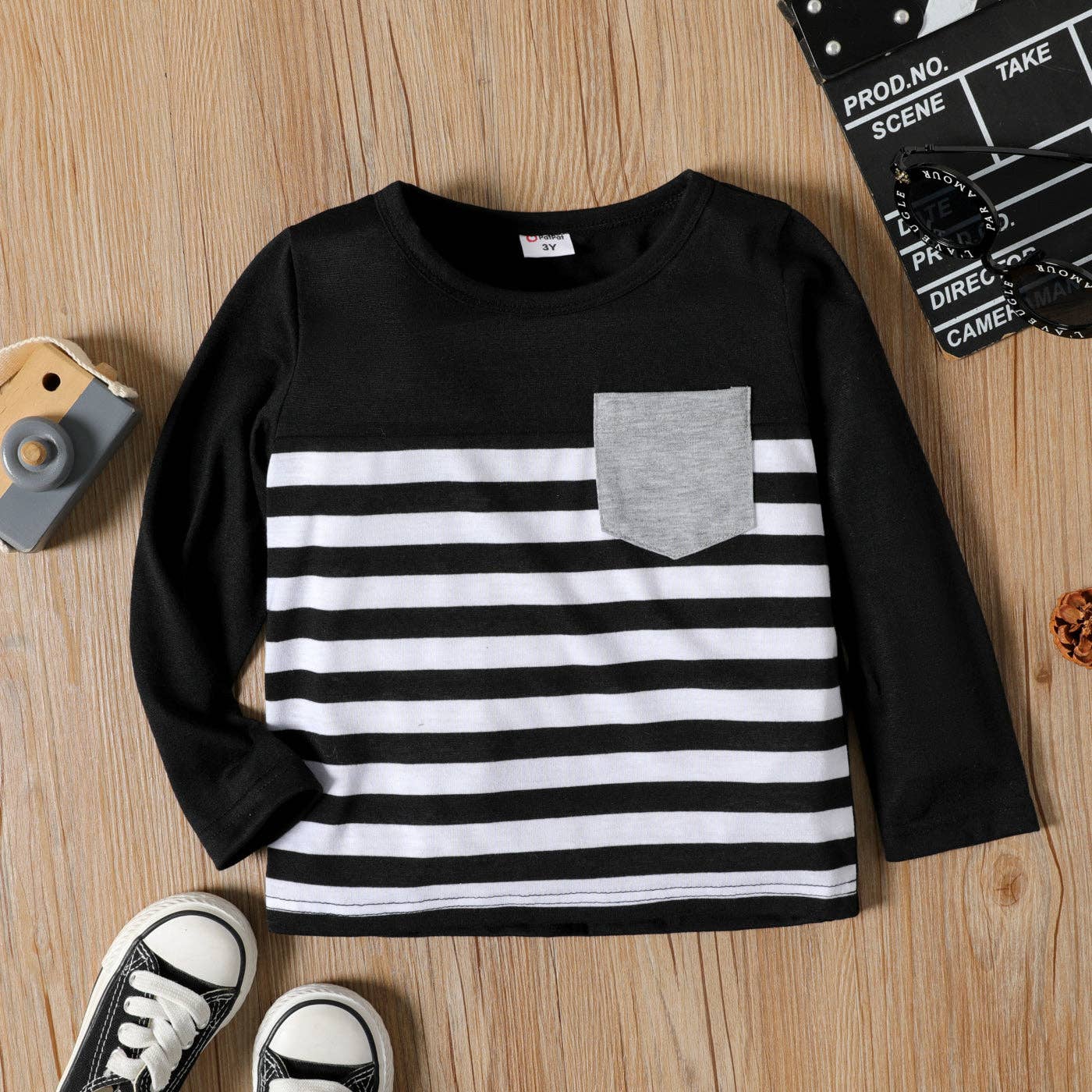 PatPat – Engroshandel T-shirt - Børn – Toddler Boy Stripe Splice Brystlomme Decor Langærmet Tee1