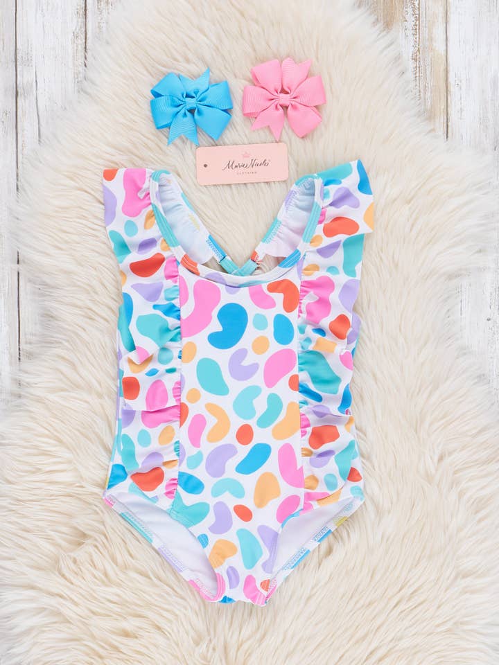 Marie Nicole Clothing - Wholesale One Piece Swimsuit - Kids - Colorful Leopard Print Ruffle Swimsuit