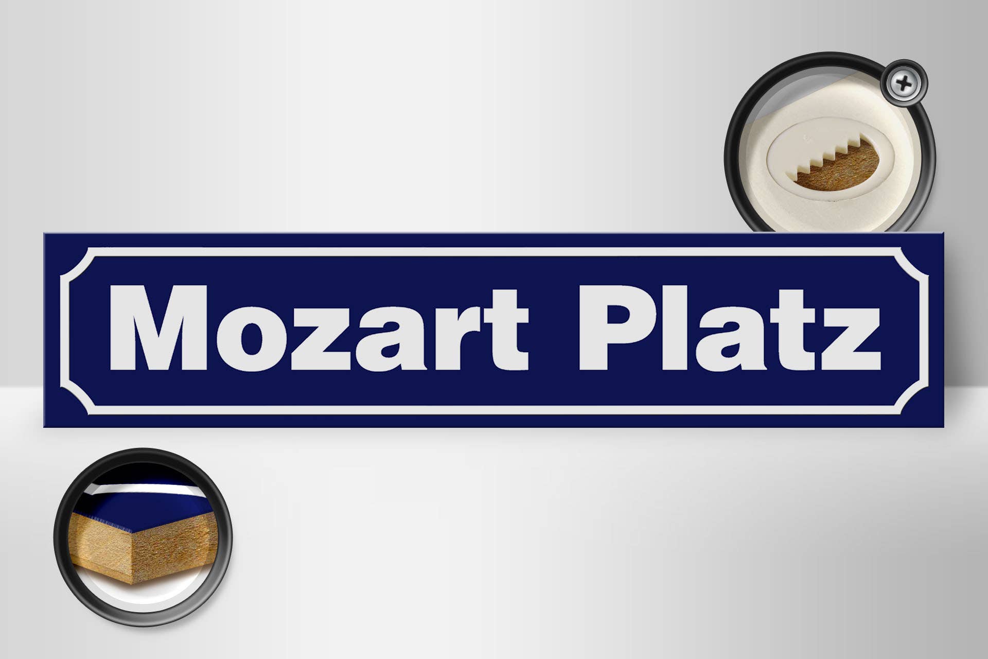 Femer – Sinal por atacado – Placa de madeira Mozart Platz Áustria 46x10 cm1