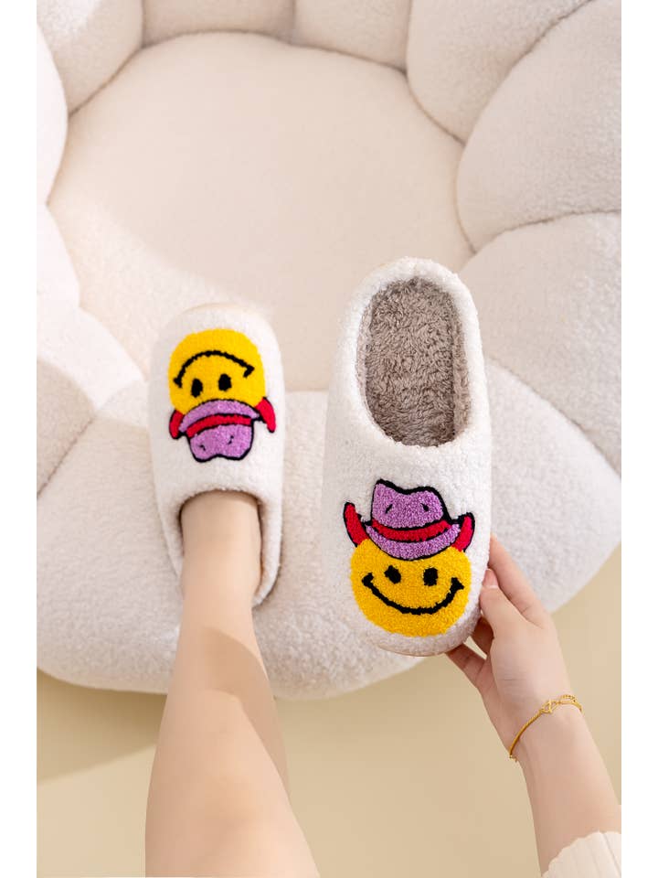 Smile Cowboy Cowgirl Comfy Plush Furry Slippers for wholesale on Faire