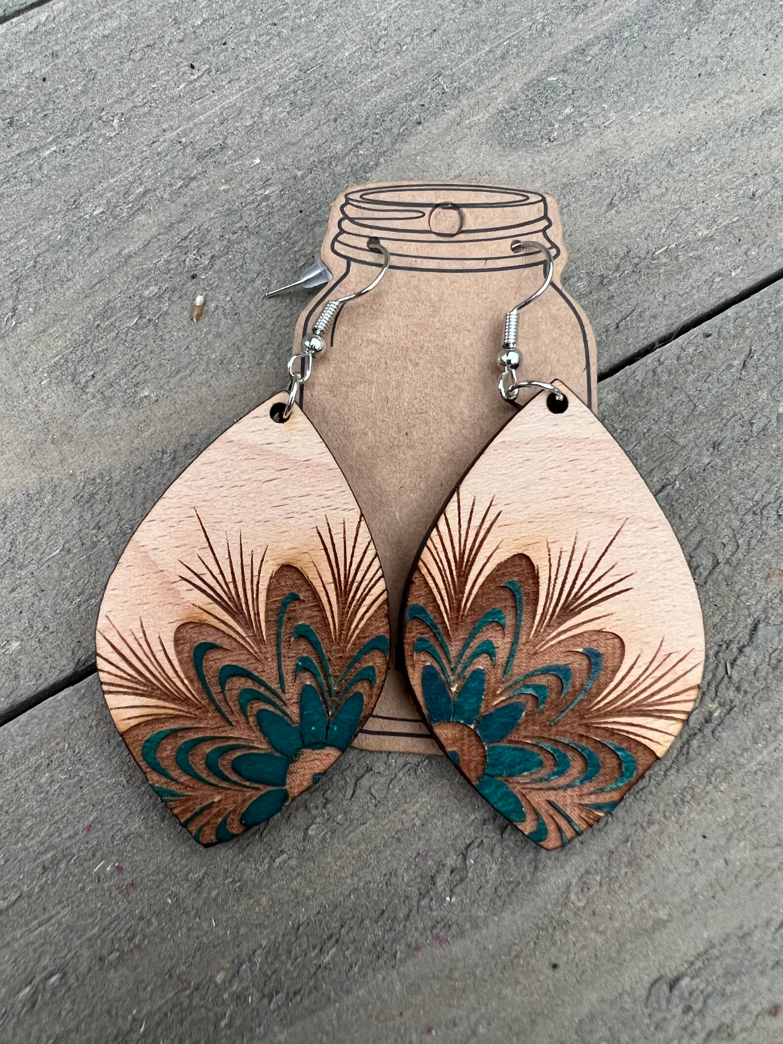 Jill's Jewels - Wholesale Dangle Earrings - Teal Green Floral Engraved Hand painted Wood Earrings1