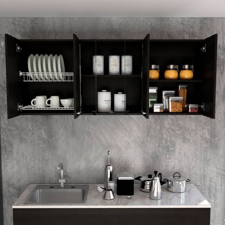 Black Kitchen Wall Cabinet with Glass 150, with multiple doors for wholesale on Faire5