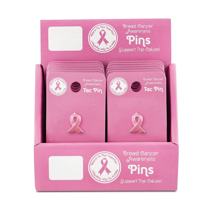 Pink Ribbon Lapel Pin Counter Display (12 Cards) for wholesale by The Awareness Company