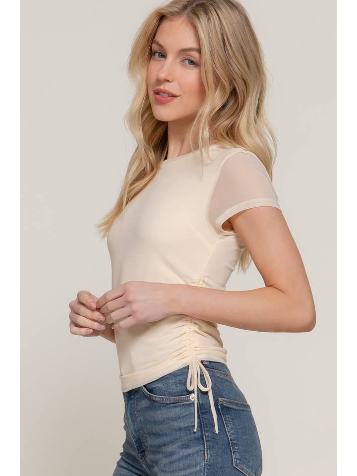Active Basic | Active USA - Wholesale Knit Top - Women's - Short Sleeve Round Neck Side Ruched with Shirring Mesh Top
