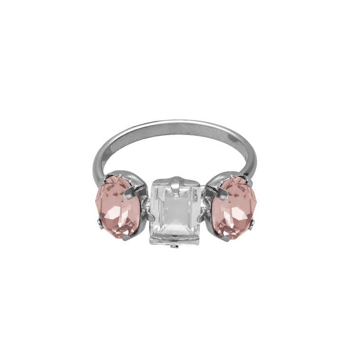 Oval Ombra adjustable ring with crystal in Rhodium-plated Silver for wholesale by Victoria Cruz