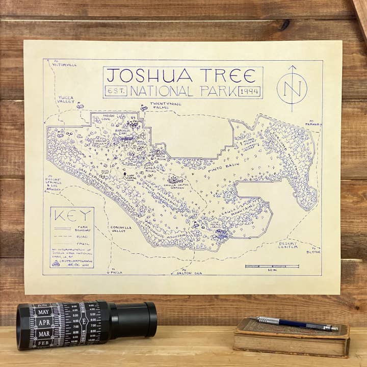 Joshua Tree National Park Hand-Drawn Map Print for wholesale by Cryptocartography