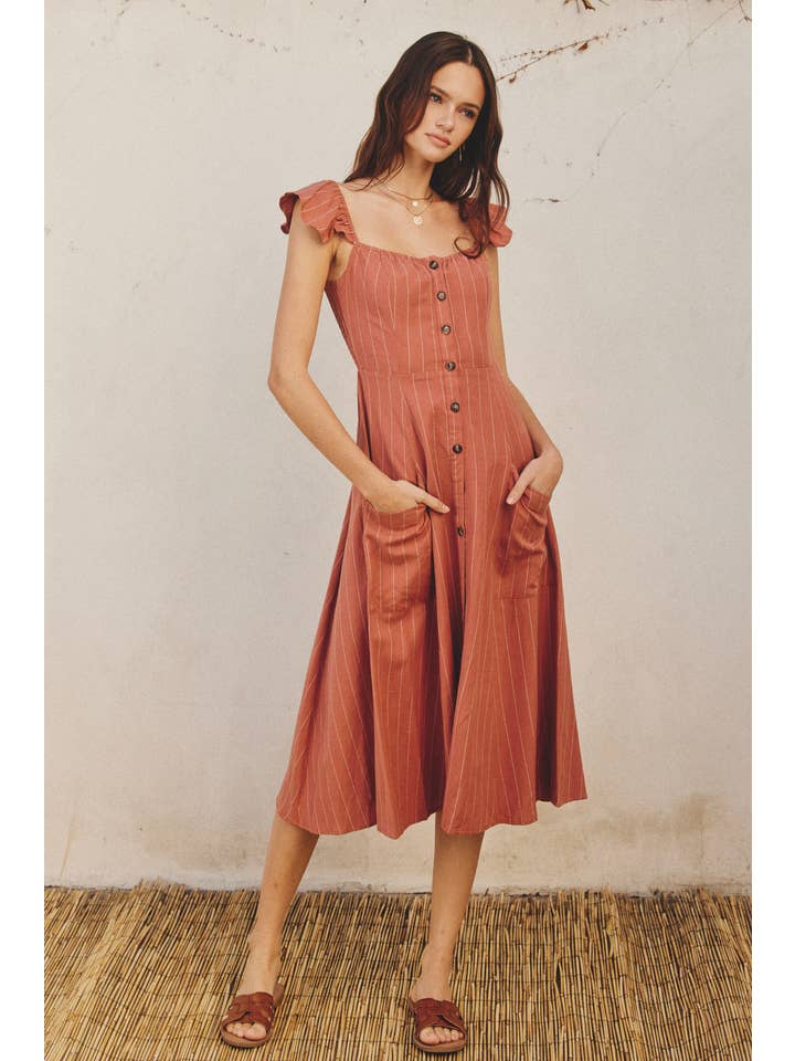 RUST WHITE FD2891X Pinstripe Flutter Sleeve Midi Dress for wholesale on Faire