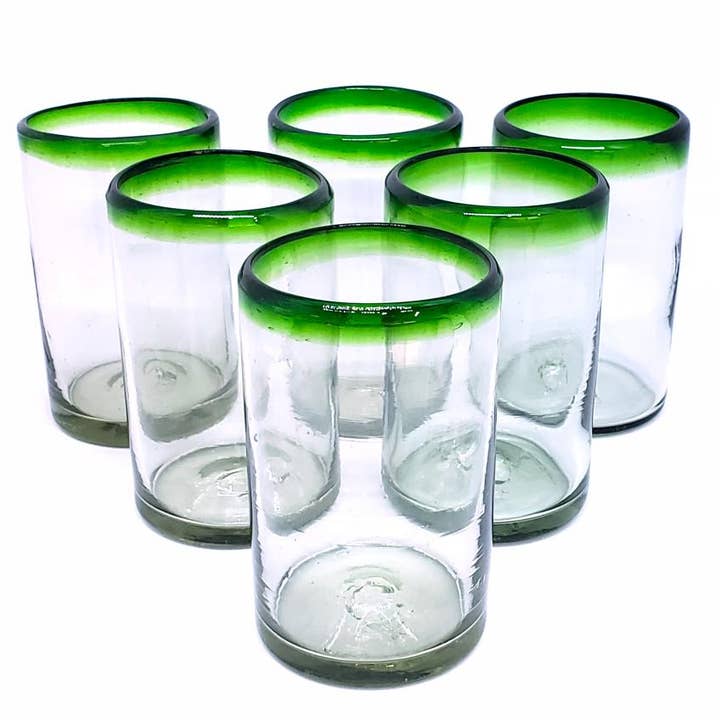 MexHandcraft - Wholesale Drinkglas/beker - Mexicaanse gerecyclede drinkglazen met smaragdgroene rand van 14 oz3