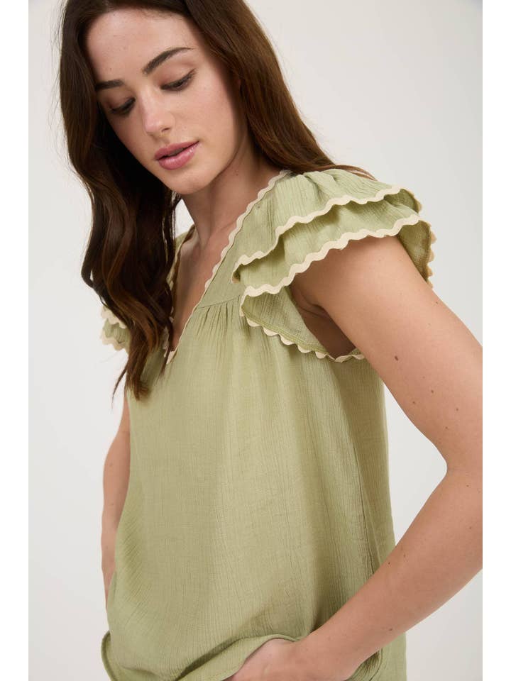 MINE - Wholesale Blouse - Women's - V NECK WAVY TRIM RUFFLE SLEEVE TOP15
