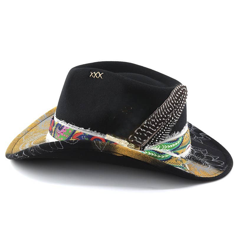 PEACH ACCESSORIES – wholesale Cowboy Hat – Women’s – Cowboy Hat with Paisley Band & Feather Detail in Black WA2221