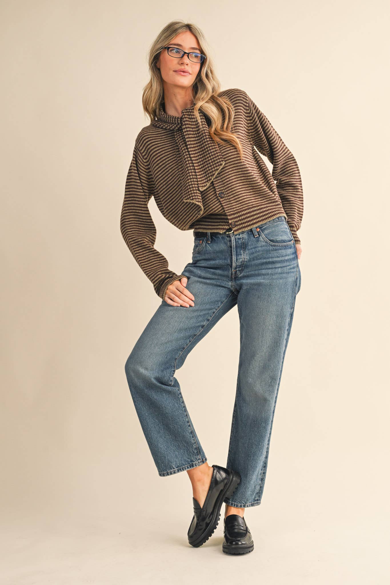 &MERCI - Wholesale Knit Sweater - Women's - STRIPED TYING NECK SWEATER CARDIGAN MSW1112546