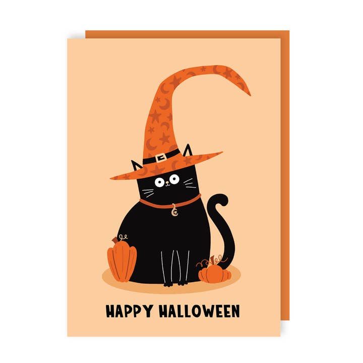 Curly Hat Witch Cat Halloween Card for wholesale by Lucy Maggie Designs