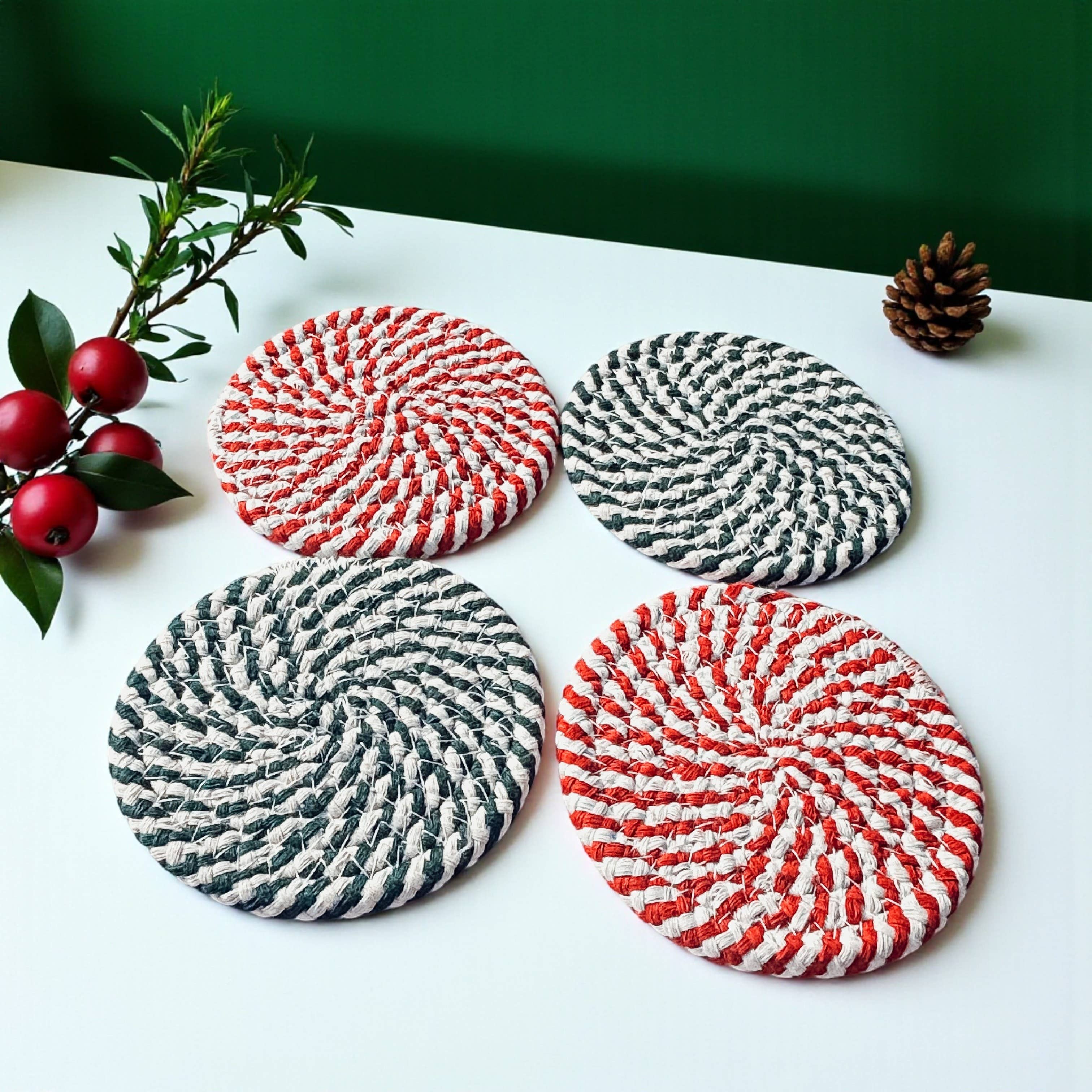 Gia Roma - Wholesale Coasters - Christmas Coasters, Red Candy Cane Braided Cotton Fabric Set49