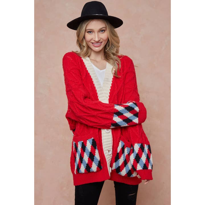 Red Argyle Patterned Pocket Knit Sweater Cardigan for wholesale by BNS