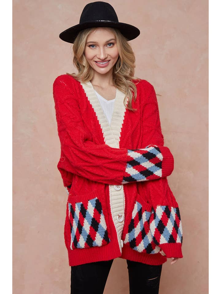 BNS - Wholesale Cardigan - Women's - Red Argyle Patterned Pocket Knit Sweater Cardigan0