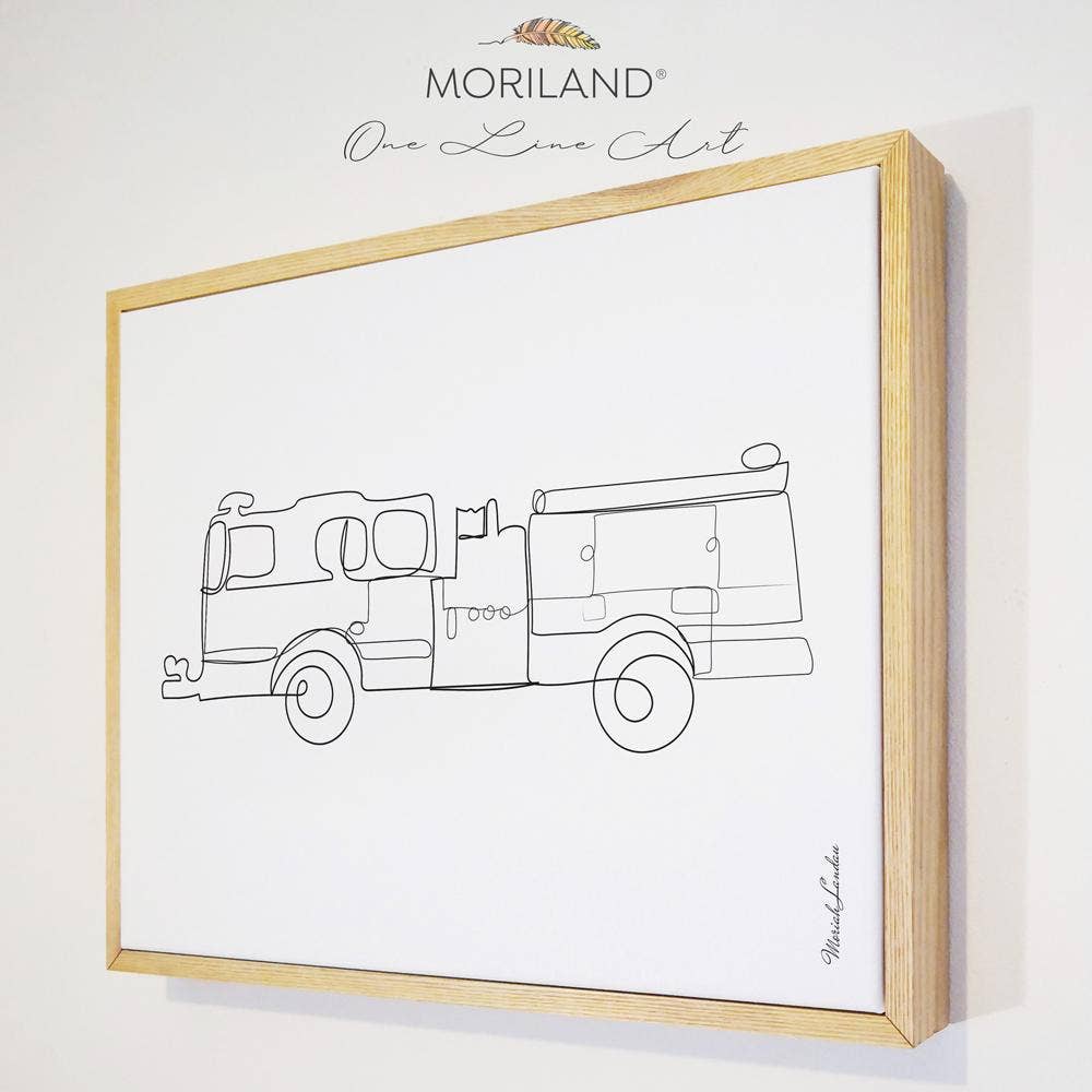 MORILAND – Engroshandel Kunsttryk – Brandbil - One Line Art Tegning - Indrammet lærred Print1