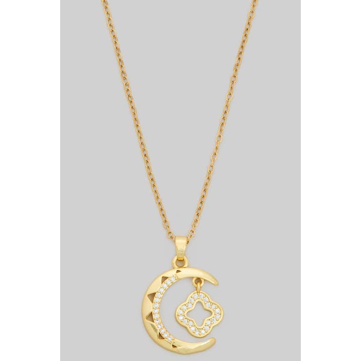BRASS CRESCENT AND SHAMROCK PENDANT NECKLACE WITH CZ for wholesale by Girly