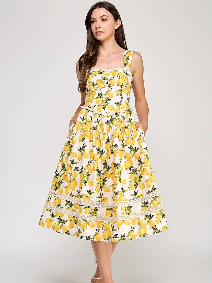 Lemon Print Lace Trimmed Bow Tie Back Midi Dress for wholesale by Genzy Clothing
