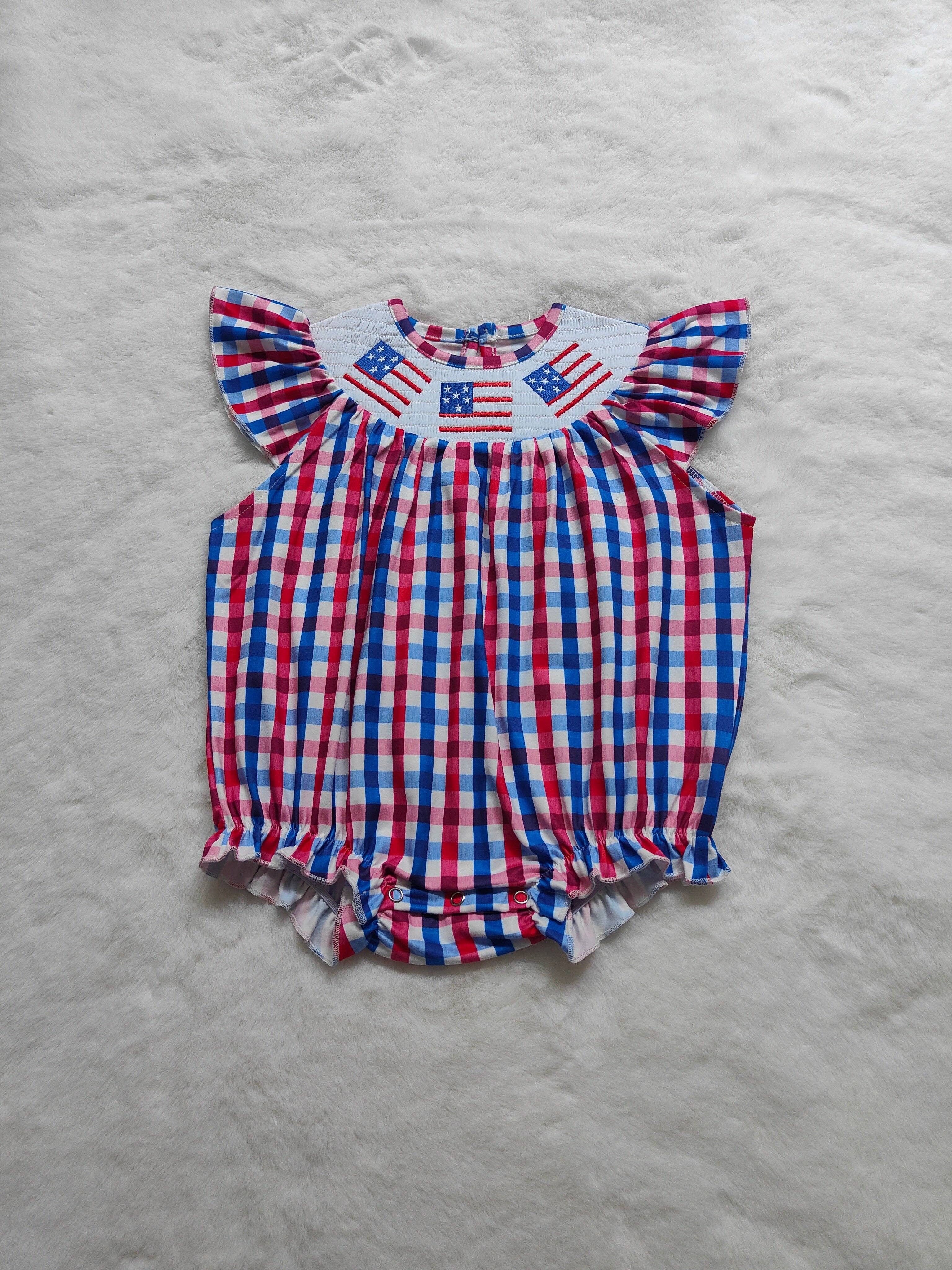 Aier Wholesale - Wholesale Bodysuit (Non-Footed) - Baby - Baby Girls 4th Of July American Flag Gingham Smocked Rompers2