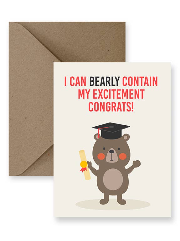 Biglietto di auguri di laurea con scritta «I Can Bearly Contain My Excitement» per la vendita all'ingrosso da parte di IMPAPER