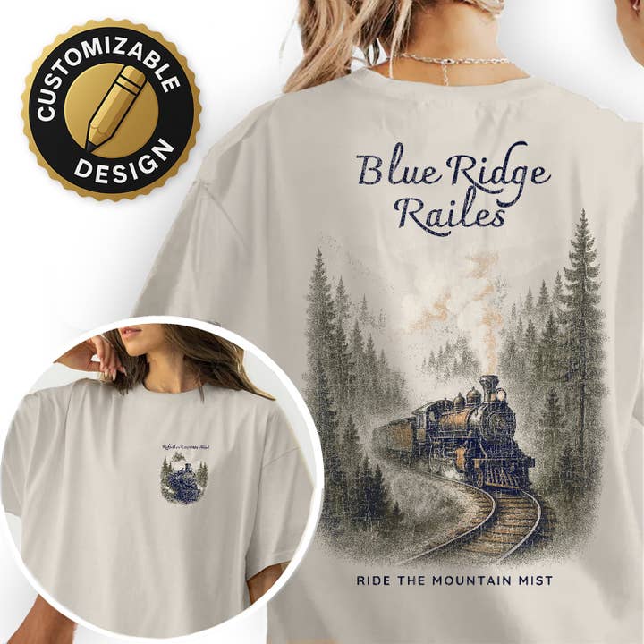Blue Ridge Rails Train T-Shirt – Vintage Mountain Railway Tee, Retro Steam Engine Graphic, Appalachian Travel Souvenir Shirt for wholesale by Textile Graphix