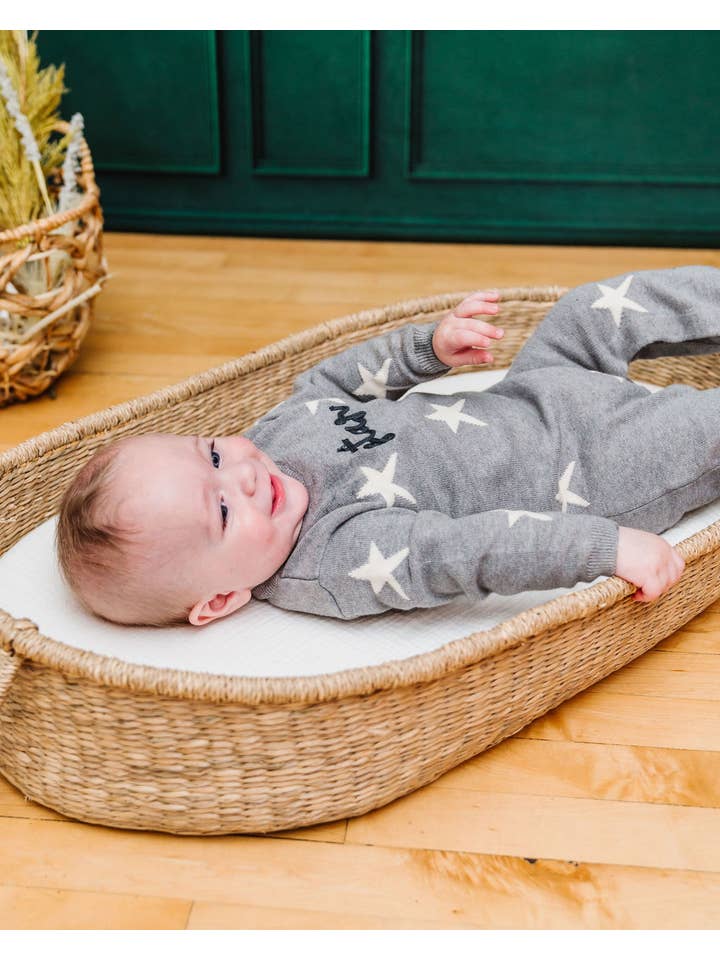 Heather Grey Star Jacquard Baby Sweater Knit Jumpsuit (Organic Cotton) for wholesale on Faire
