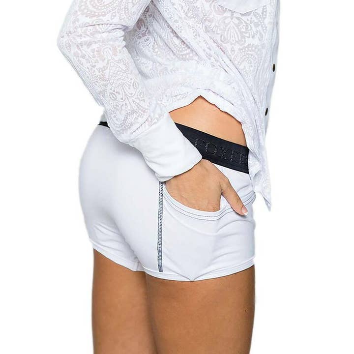 White Tomboy Boxer Brief With Black Logo Band for wholesale on Faire