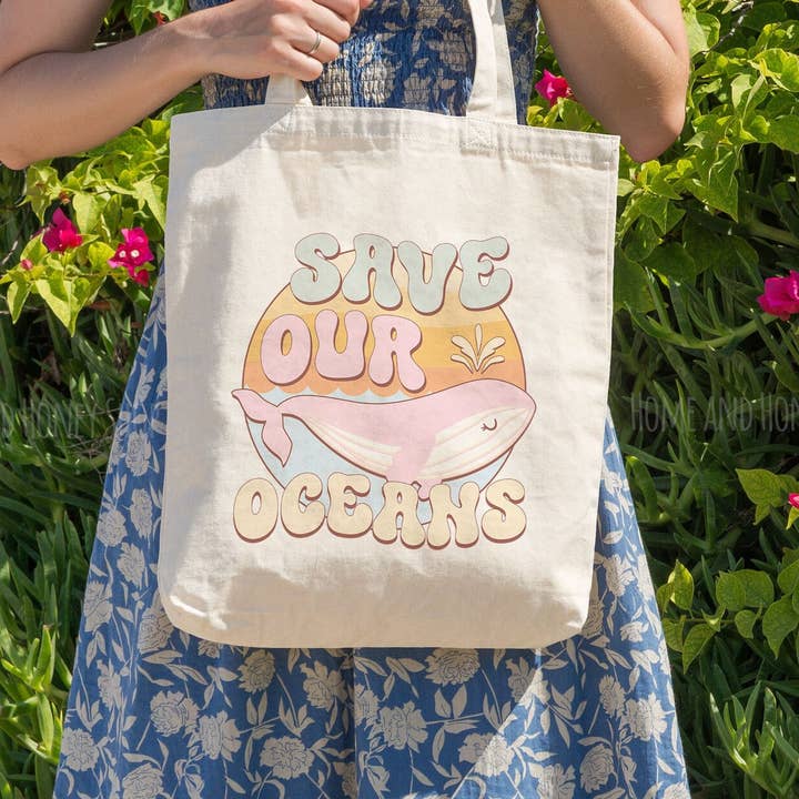 Save Our Oceans Earth Printed Shopping Library Tote Bag for wholesale by Home and Honey Shop