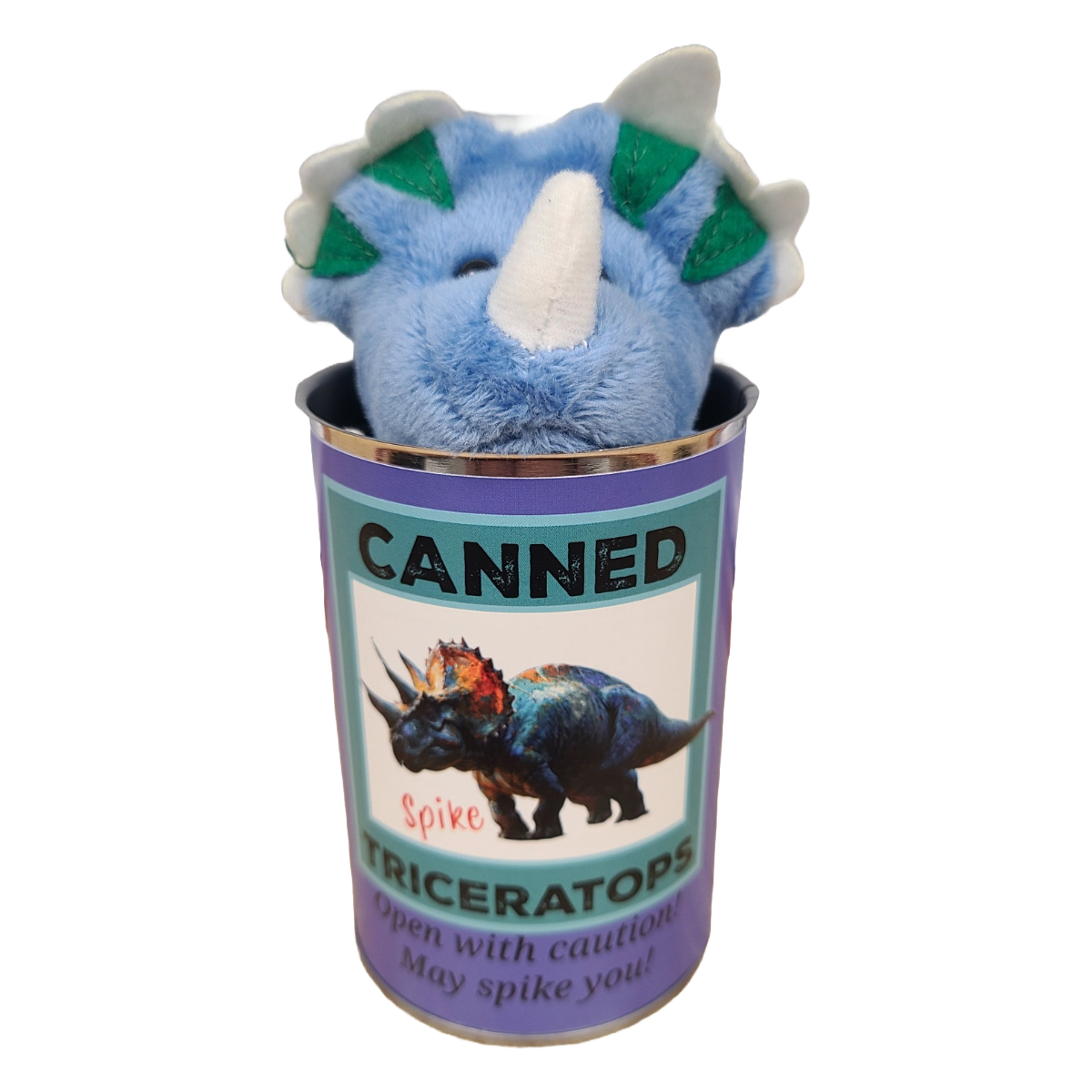 Canned Gifts – Großhandel Kuschel-/Plüschtier – Kind & Baby – Spike, der Triceratops Stoffdinosaurier in der Dose mit lustigen Witzen6