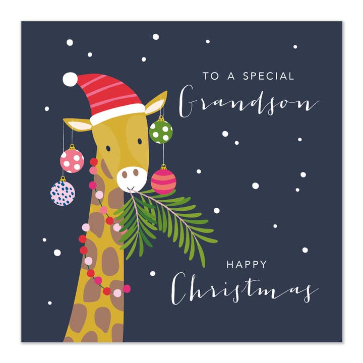 Grandson Christmas Card | Giraffe with Baubles for wholesale by Klara Hawkins