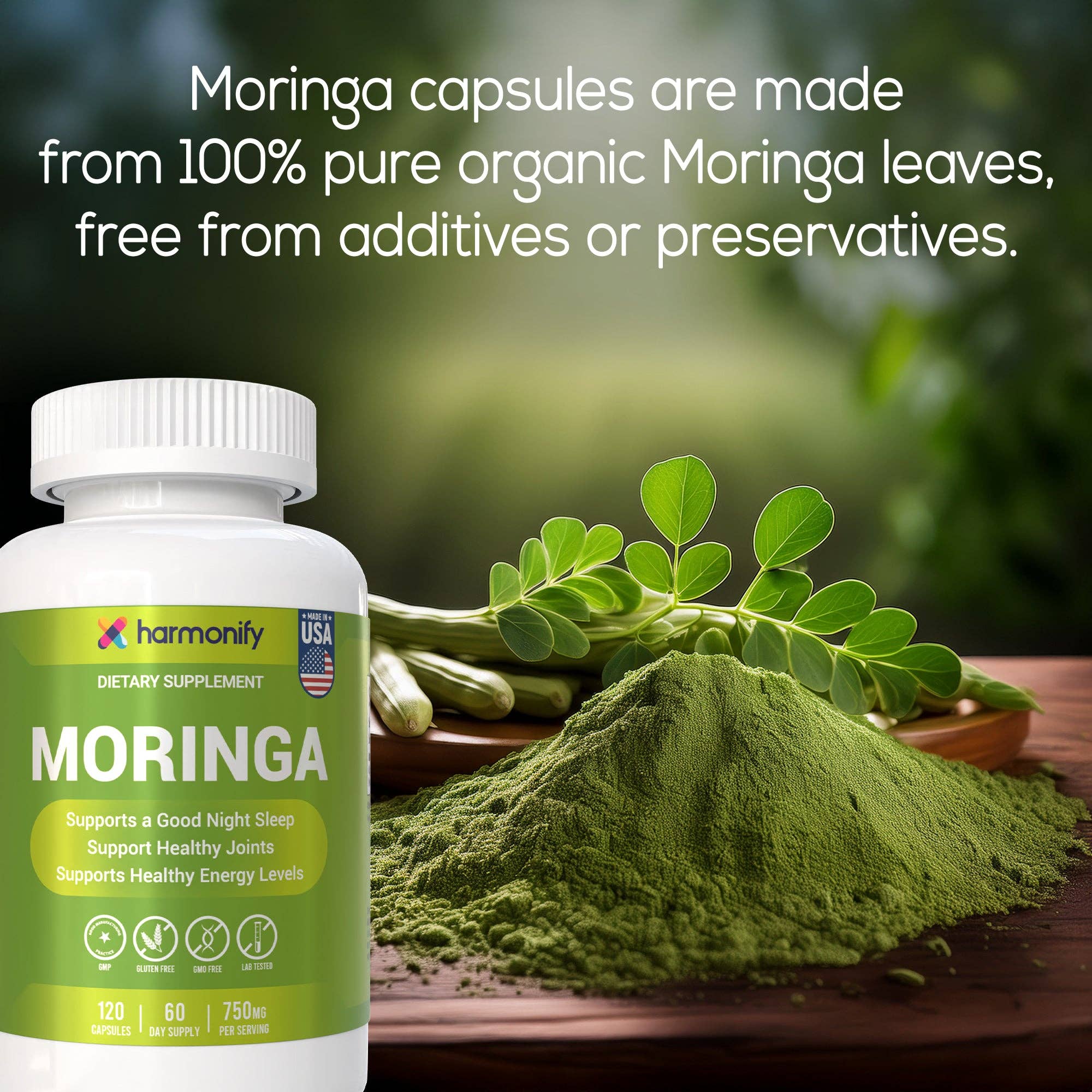 HARMONIFY – Großhandel Nahrungsergänzungsmittel/Vitamin zum Einnehmen – Moringa-Kapseln - Reines Moringa-Pulver - Unterstützt erholsamen Schlaf, Gelenkkomfort & gesunde Energielevel - 120 Moringa-Kapseln - Hergestellt in den USA, glutenfrei, gentechnikfrei5