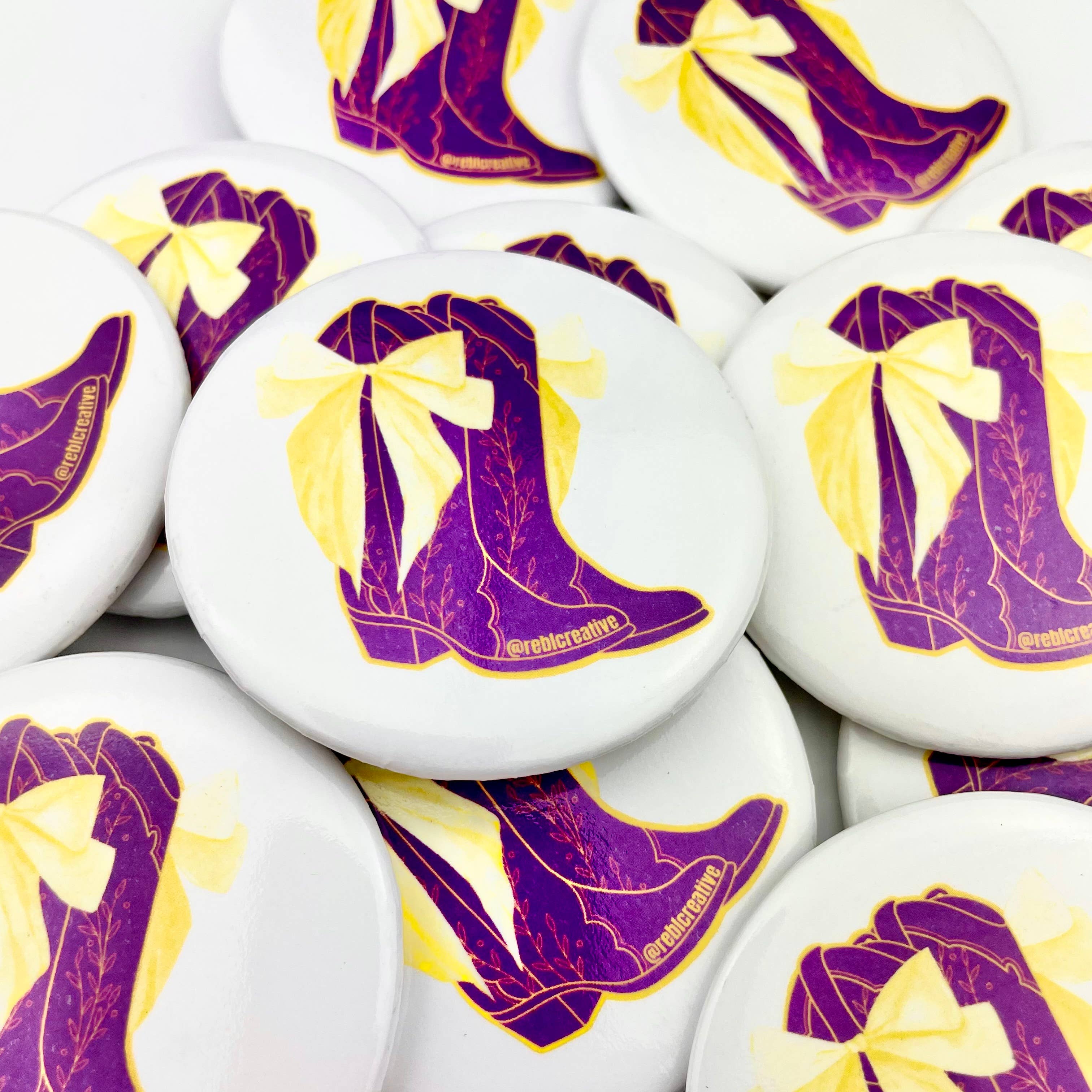 REBL Creative - Wholesale Lapel Pin/Button - Bows and Boots - Purple and Yellow - Game Day Button1