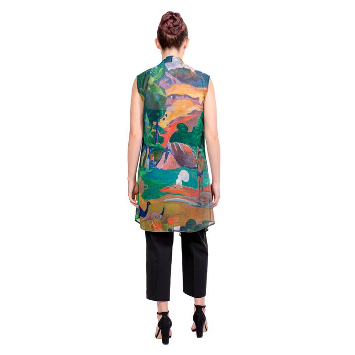 Galleria Enterprises - Wholesale Outerwear Vest - Women's - Gauguin Landscape with Peacocks Sheer Long Vest