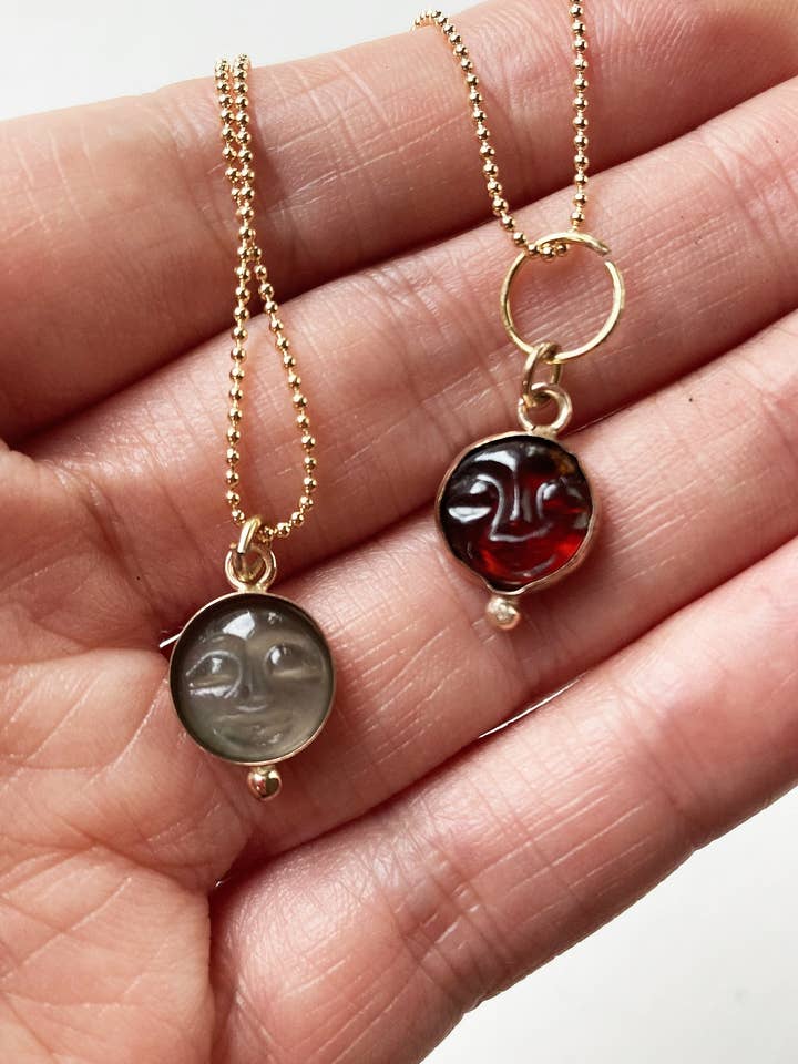 Garnet MAN In The MOON Face Gold Filled Necklace, OOAK for wholesale by Friedasophie