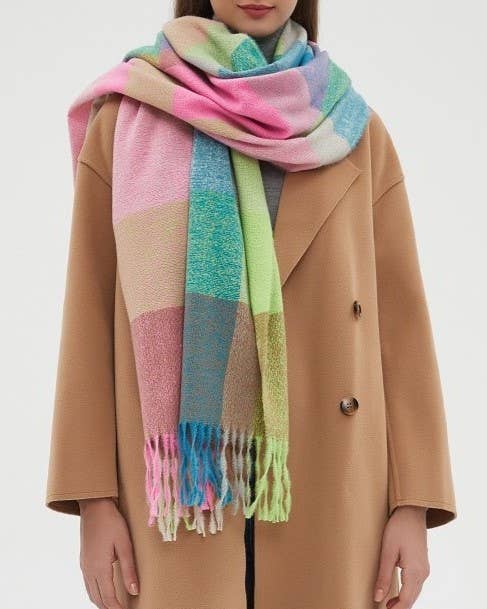 HIDDENBRAND - Wholesale Scarf - Women's - Soft cozy color block fringe scarf wrap8