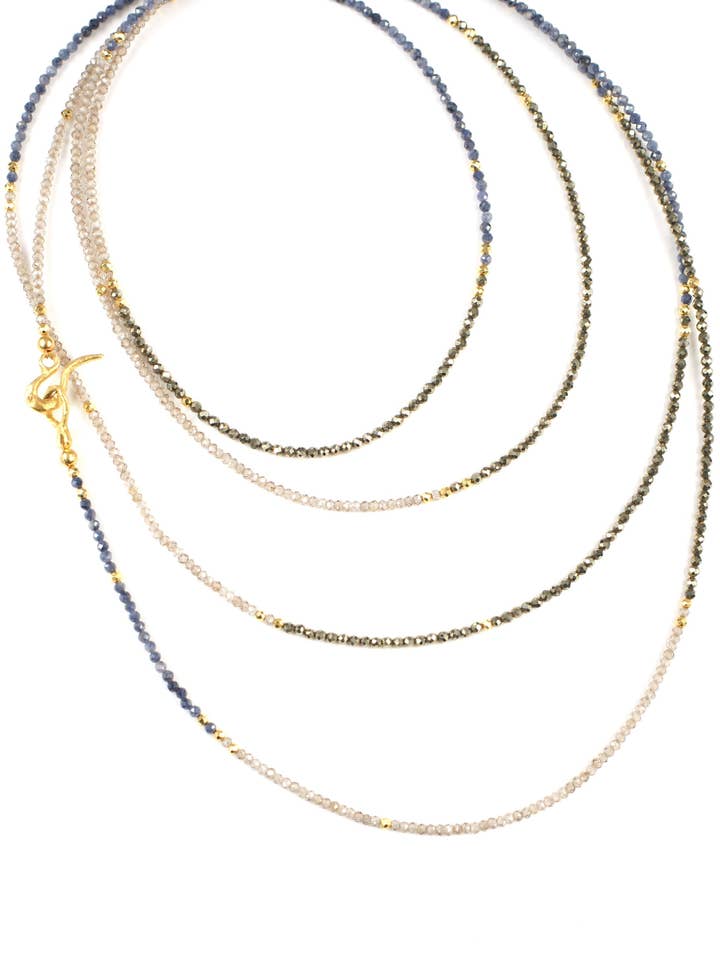 Sapphire Zircon and Pyrite Long Layering Necklace for wholesale by Mickey Lynn