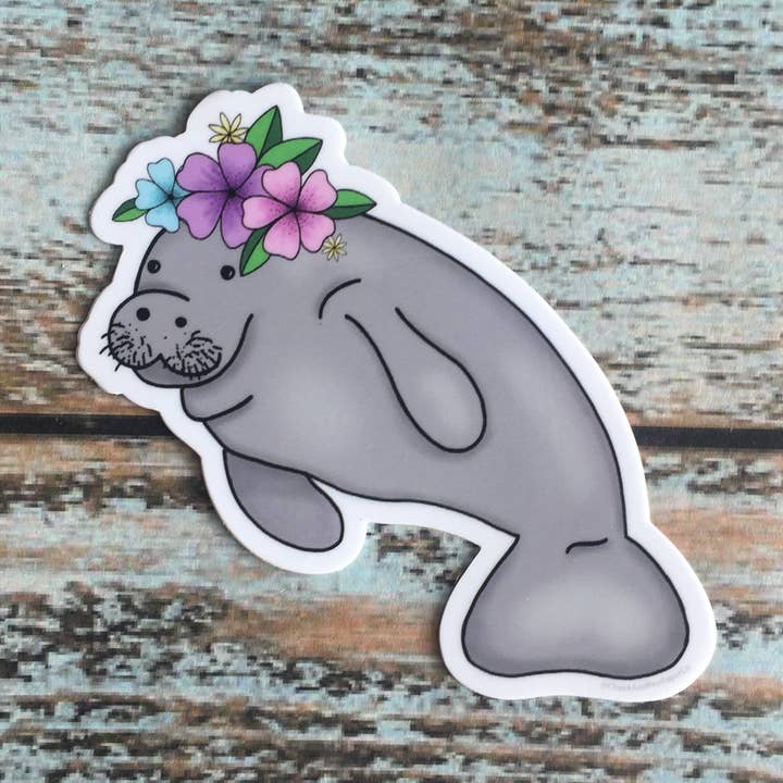 Manatee with tiny flower crown, water bottle decal for wholesale by Cheek and Pen Paper Co